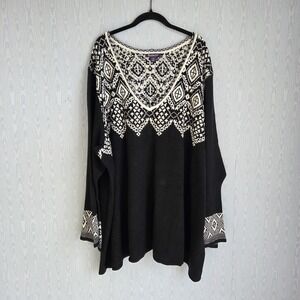 Roamans Womens 34/36 Sweater Fair Isle Chunky VNeck Black White Winter Apres Ski